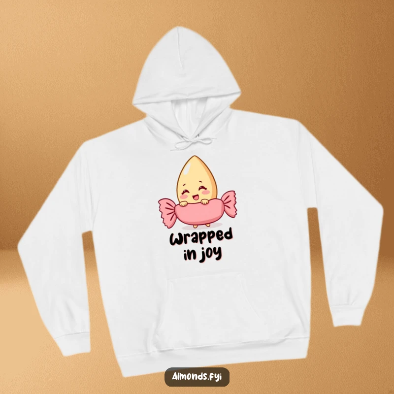 Funny giggling almond character peeking from behind a giant candy wrapper, printed on a comfortable hoodie.