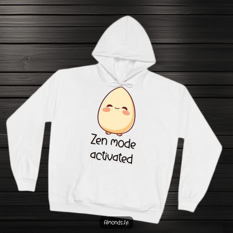 Funny hoodie showcasing a content almond character looking upwards with a peaceful smile, offering warmth and a serene visual.