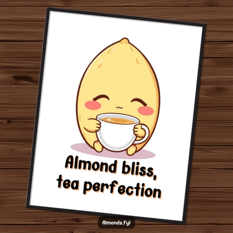 Free Printable Wall Art: Content almond character with eyes closed, peacefully enjoying a tiny cup of tea, radiating serenity.