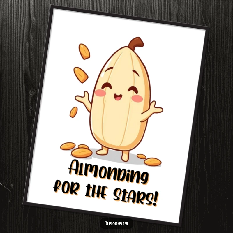 Funny Free Printable Wall Art depicting a smiling almond character in mid-air, skillfully juggling tiny almond slivers with a joyful expression.