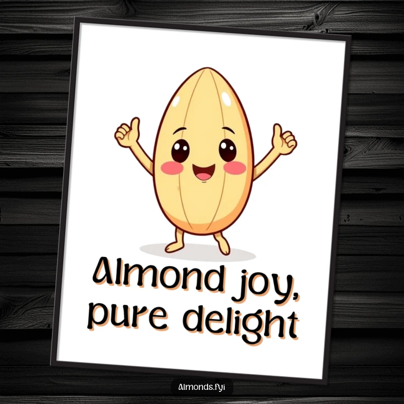 Funny Free Printable Wall Art: Smiling almond character with tiny arms doing a cheerful victory dance, perfect for home decor.