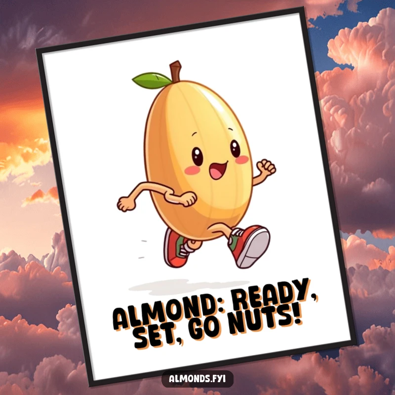 Funny Free Printable Wall Art: An anthropomorphic almond wearing tiny sneakers, running a race with determination. Humorous downloadable art.