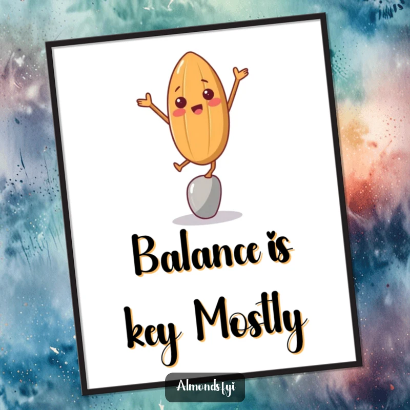 Funny Free Printable Wall Art: A cheerful almond character hilariously attempting to balance on a single point, bringing smiles.