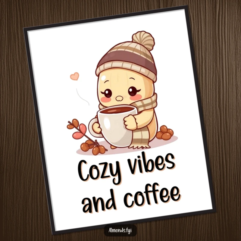 Funny Free Printable Wall Art: Almond wearing a tiny scarf and hat, enjoying a hot cup of coffee, cozy decor.