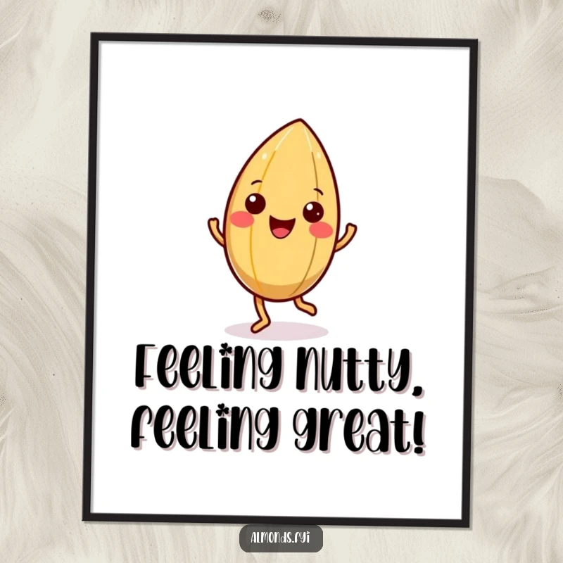 Funny Free Printable Wall Art: Happy almond character doing a little jig, shell wiggling, a joyful and humorous illustration.