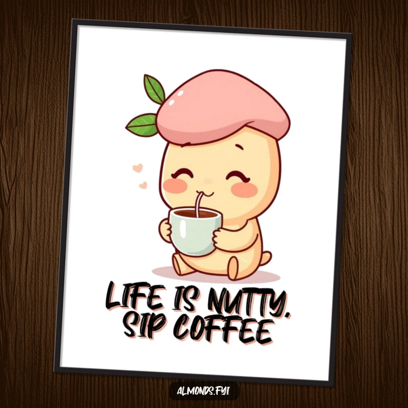 Funny Free Printable Wall Art: Happy almond character wearing a small beret, holding a coffee cup, looking content.