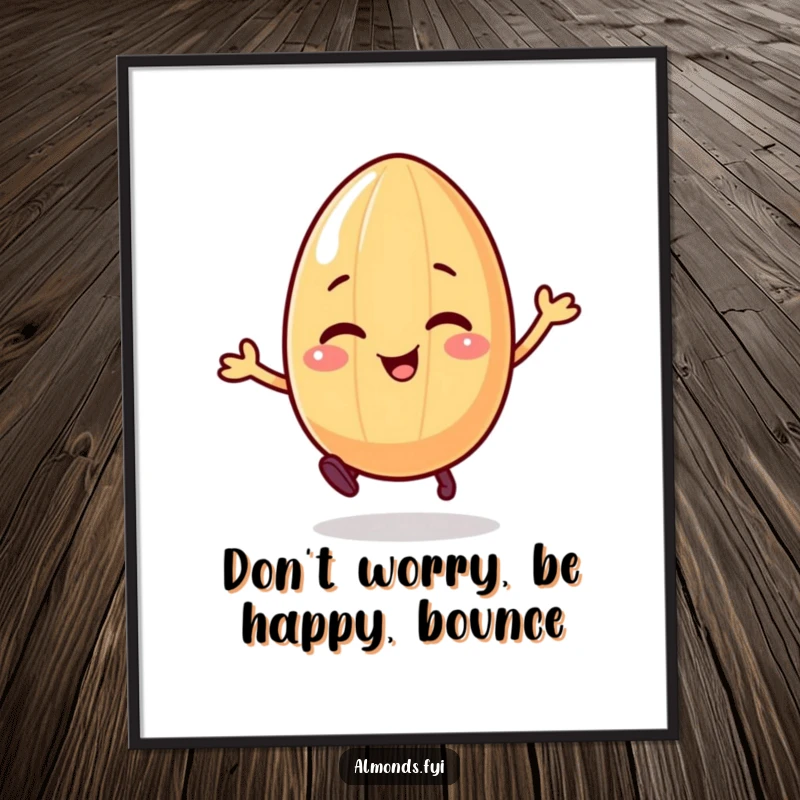 Funny Free Printable Wall Art: Giggling almond character with small legs bouncing high with joy, energetic.