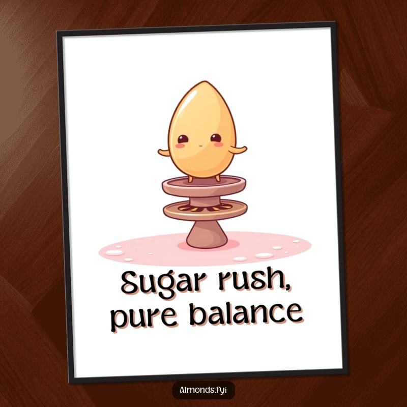 Funny Free Printable Wall Art: Wobbly almond attempts to balance on a giant spinning sugar top, showcasing delightful instability.