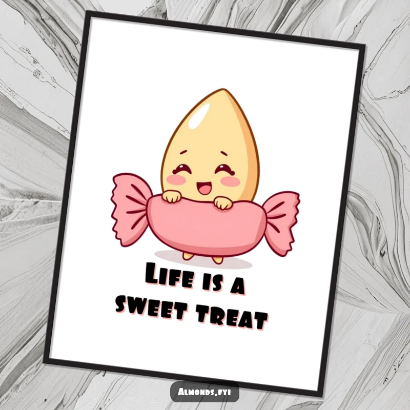 Funny Free Printable Wall Art: Giggling almond character peeking from behind a giant candy wrapper, adding sweet humor to decor.