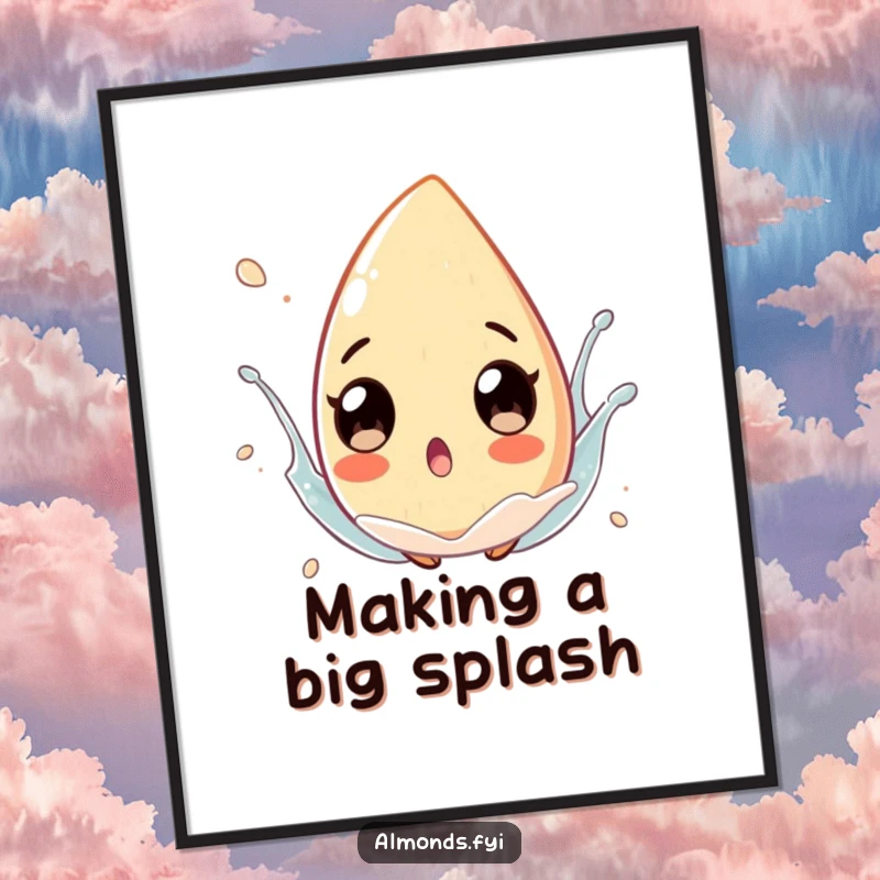 Funny Free Printable Wall Art: Surprised almond character with exaggerated eyes, floating in a playful splash, adding humor to decor.