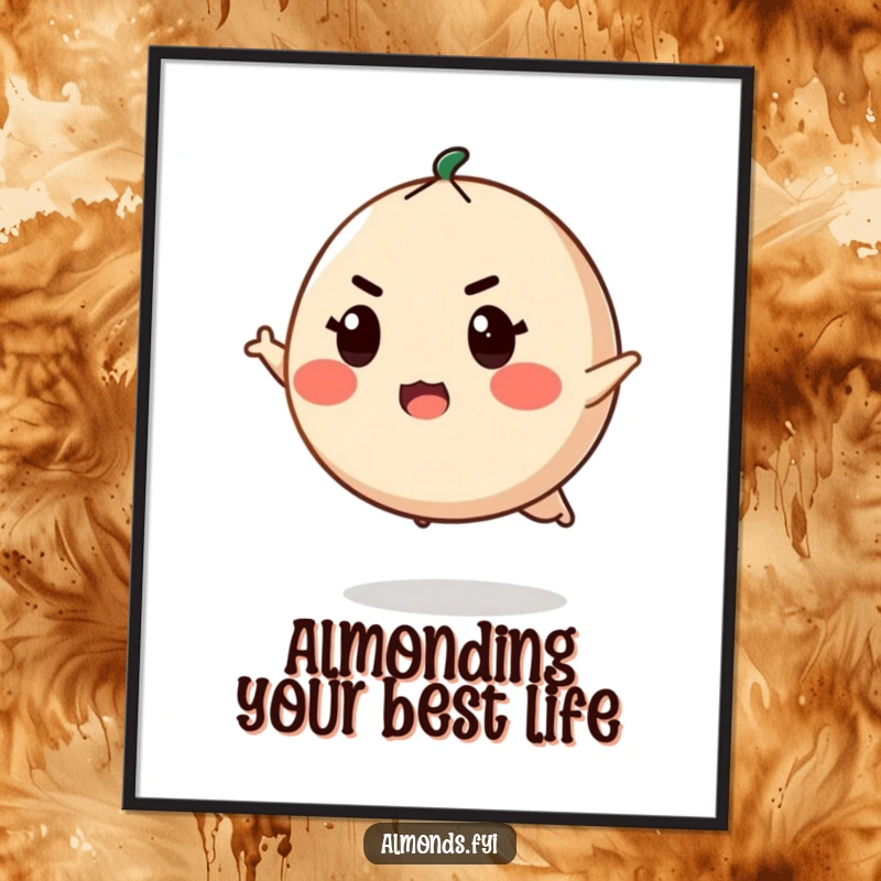 Funny Free Printable Wall Art: Round almond character with a determined expression, poised to leap.
