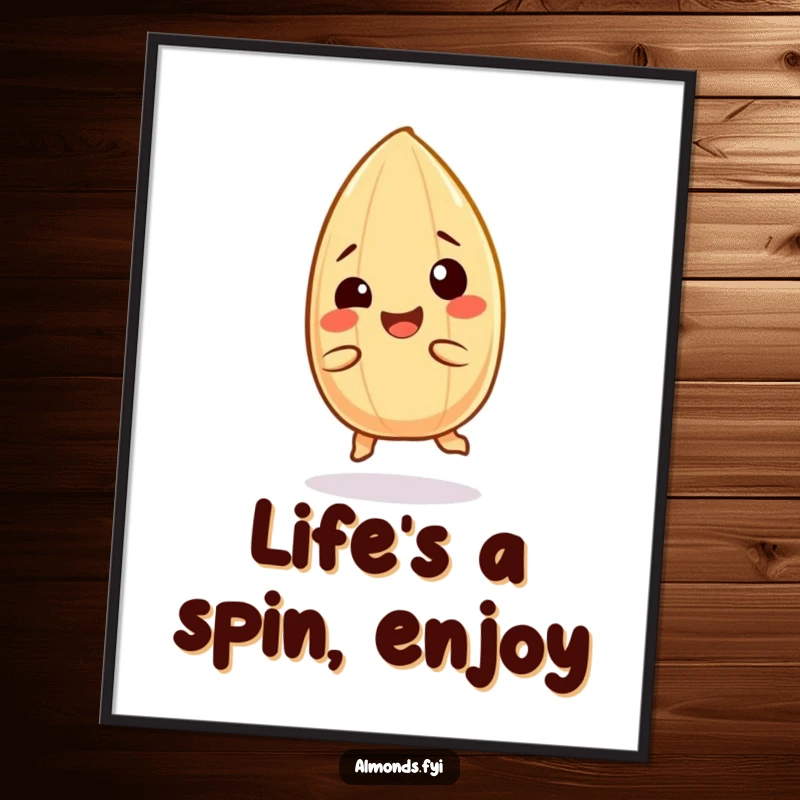 Funny Free Printable Wall Art: Giggling almond character doing a happy spin, bringing cheerful energy and humor to any wall space.