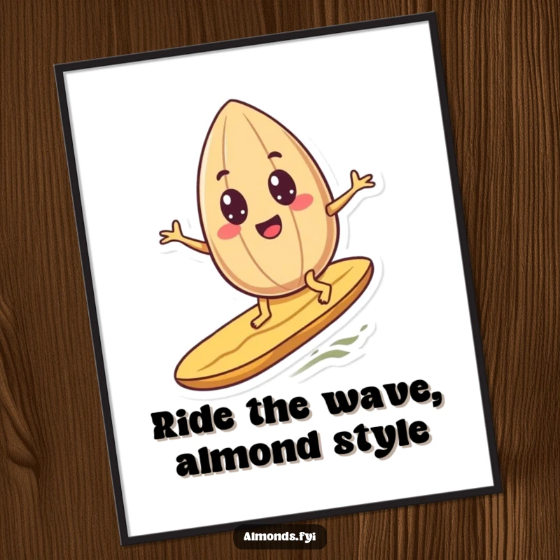 Funny Free Printable Wall Art of a cheerful almond with googly eyes surfing a peanut, bringing coastal vibes and laughs.
