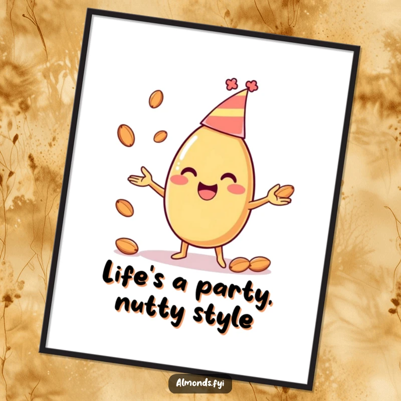 Funny Free Printable Wall Art: Happy almond character in a party hat, juggling smaller almonds, adding a festive touch.