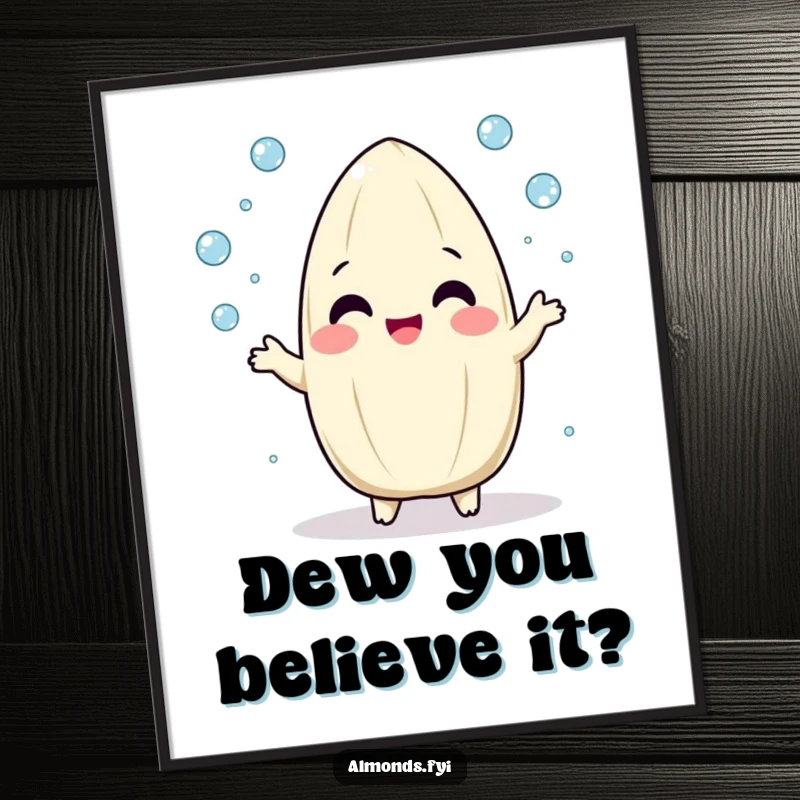 Funny Free Printable Wall Art: Playful almond character cheerfully juggling tiny dew drops.