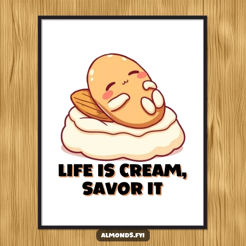 Funny Free Printable Wall Art: Relaxed almond character lounging blissfully on a dollop of cream, bringing chill humor to decor.