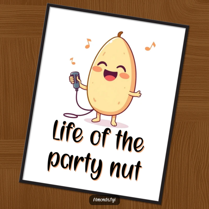 Funny free printable wall art depicting a happy almond character singing its heart out with a tiny microphone.