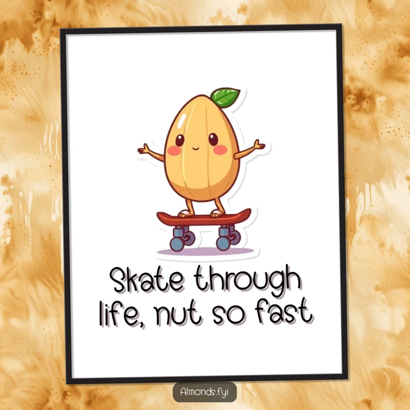 Funny free printable wall art of a whimsical almond balancing effortlessly on a tiny skateboard, radiating cool vibes.