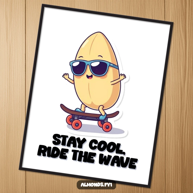 Funny Free Printable Wall Art: A smiling almond character in sunglasses confidently riding a tiny skateboard.
