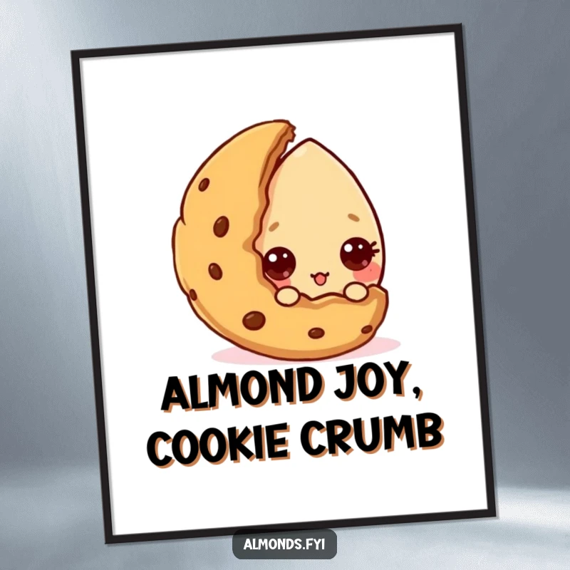Funny Free Printable Wall Art: A curious almond character with wide eyes peeks from behind a large cookie, creating a sense of playful mystery.