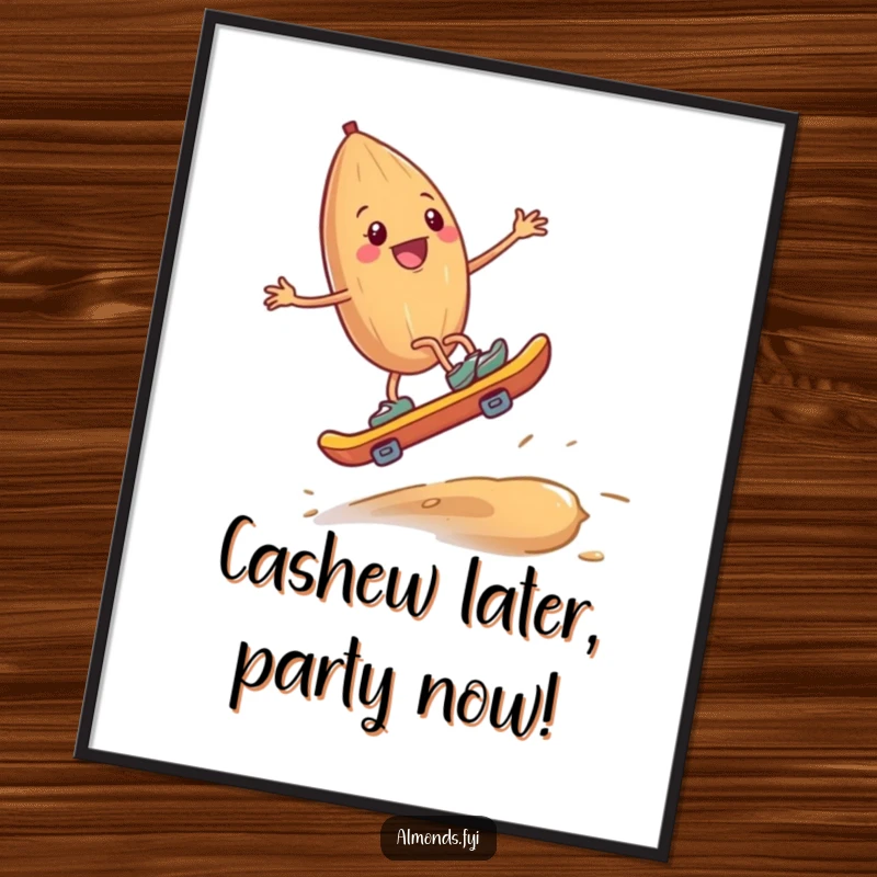 Funny Free Printable Wall Art: Happy almond with tiny legs skateboards downhill on a giant cashew, quirky nut decor.