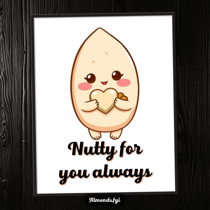 Funny Free Printable Wall Art: A blushing almond character tenderly holds a small heart-shaped nut, conveying love and affection, downloadable art.