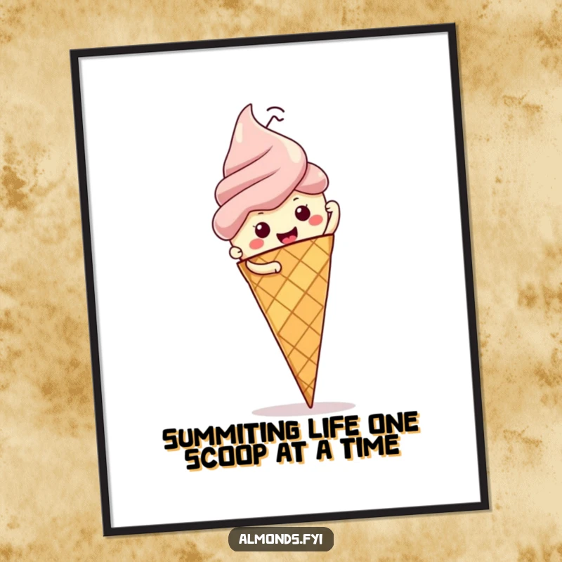 Funny Free Printable Wall Art: A whimsical almond character determinedly climbs a giant ice cream cone, inspiring sweet success.
