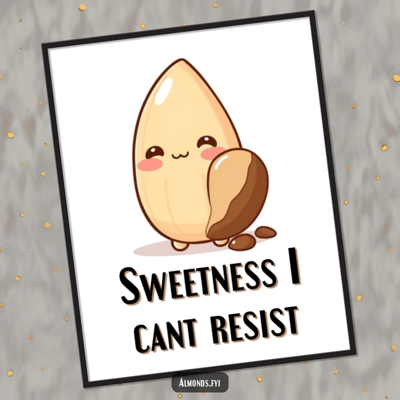 Funny Free Printable Wall Art: A shy almond character blushes and hides behind a giant chocolate chip, creating a sweet scene.