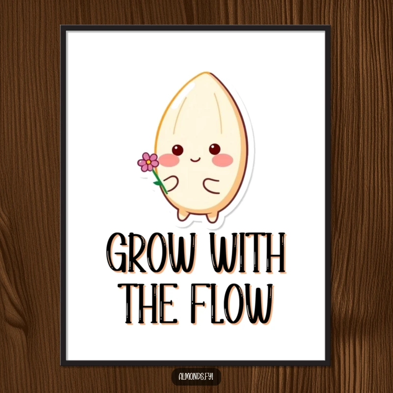 Funny Free Printable Wall Art: Happy almond with rosy cheeks holds a tiny flower, a cheerful piece.
