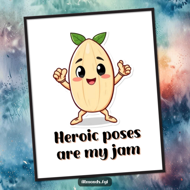 Funny Free Printable Wall Art: A happy little almond character striking a powerful and heroic pose, exuding confidence.