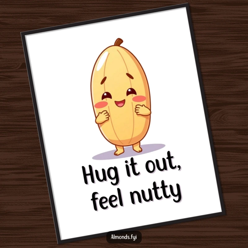 Funny Free Printable Wall Art: Cheerful almond character giving a warm, friendly hug, perfect for cozy home decor.