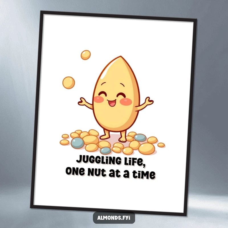 Funny Free Printable Wall Art of a giggling almond enthusiastically juggling small, round pebbles.