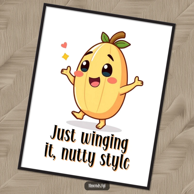 Funny Free Printable Wall Art of a giggling almond character in a hilarious dance pose, radiating pure fun and playful energy.