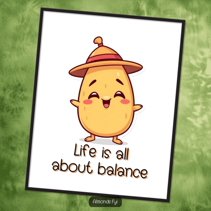 Funny Free Printable Wall Art of a mischievous almond attempting to balance a tiny hat on its head.
