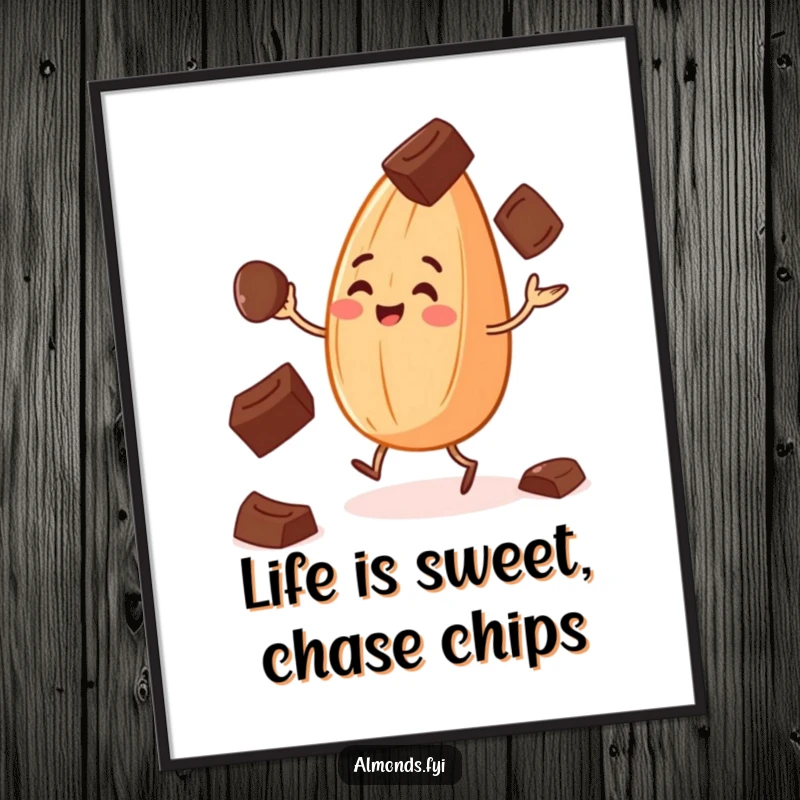 Funny Free Printable Wall Art: A cheerful almond with tiny legs happily juggles three falling chocolate chips.