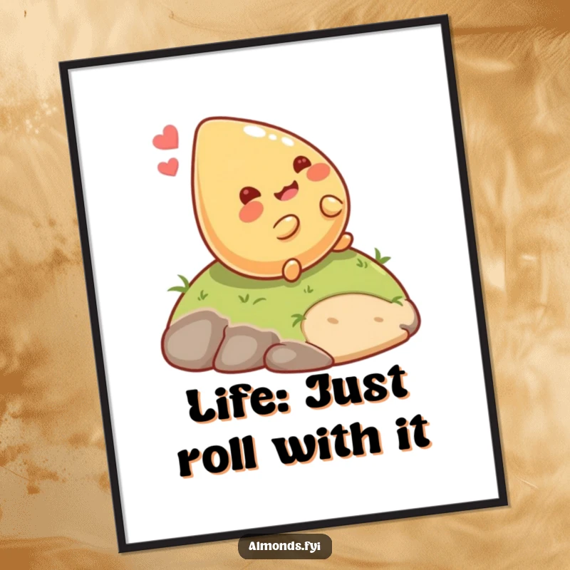 Funny Free Printable Wall Art: A giggling almond character happily rolling down a small hill, adding humor.