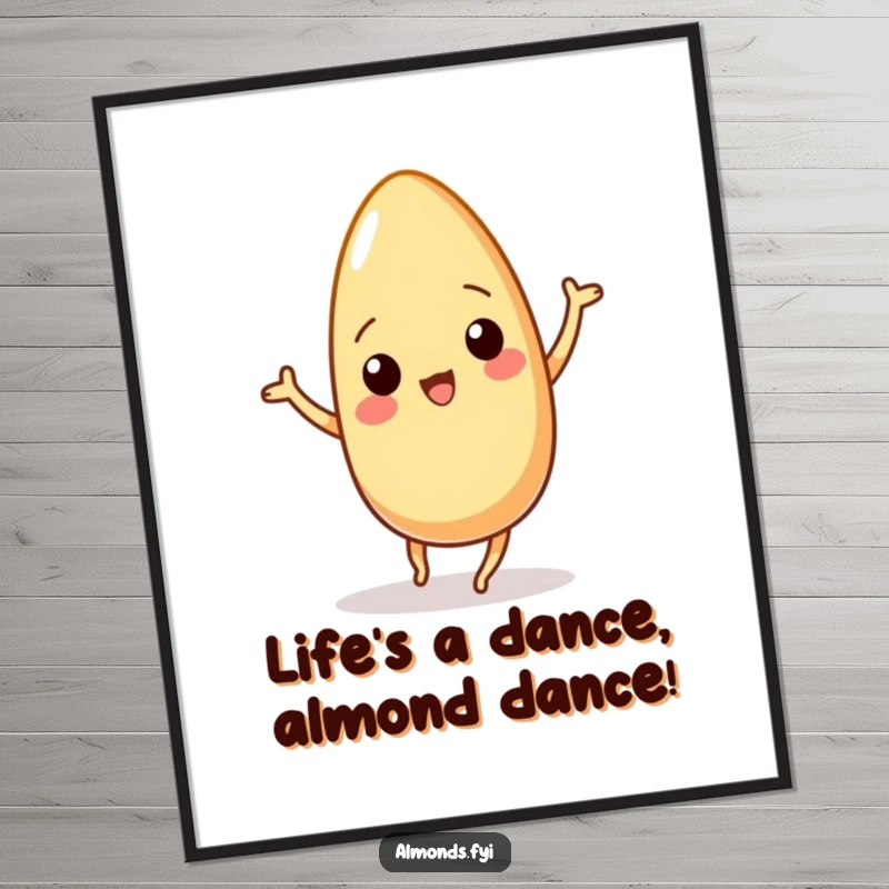 Funny Free Printable Wall Art: Wiggling almond character caught mid-dance, bringing energetic and humorous downloadable decor to life.