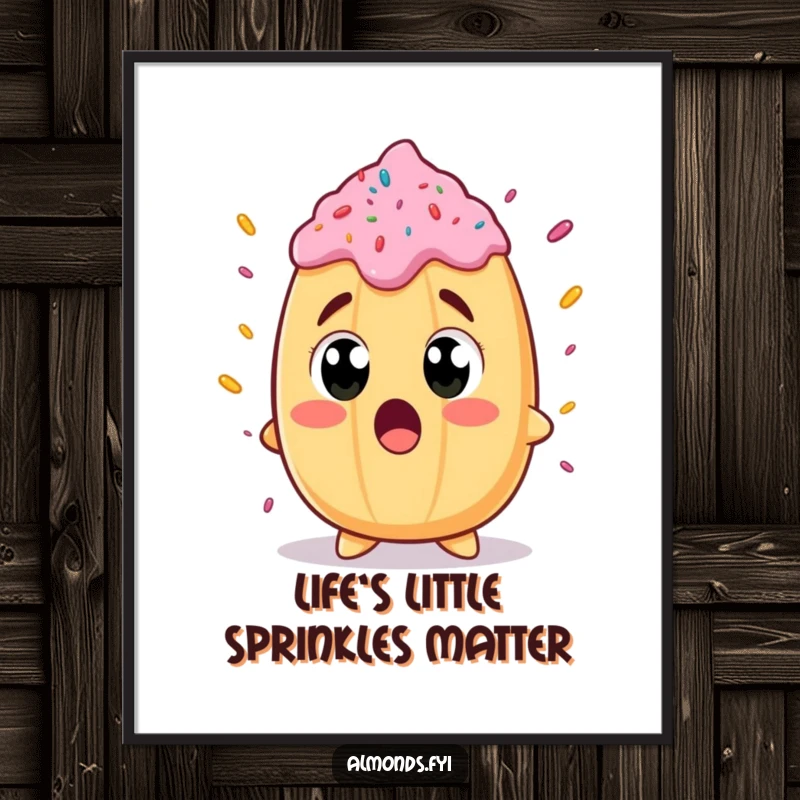 Funny Free Printable Wall Art: A surprised almond character with wide, shocked eyes looking at an enormous, colorful sprinkle.