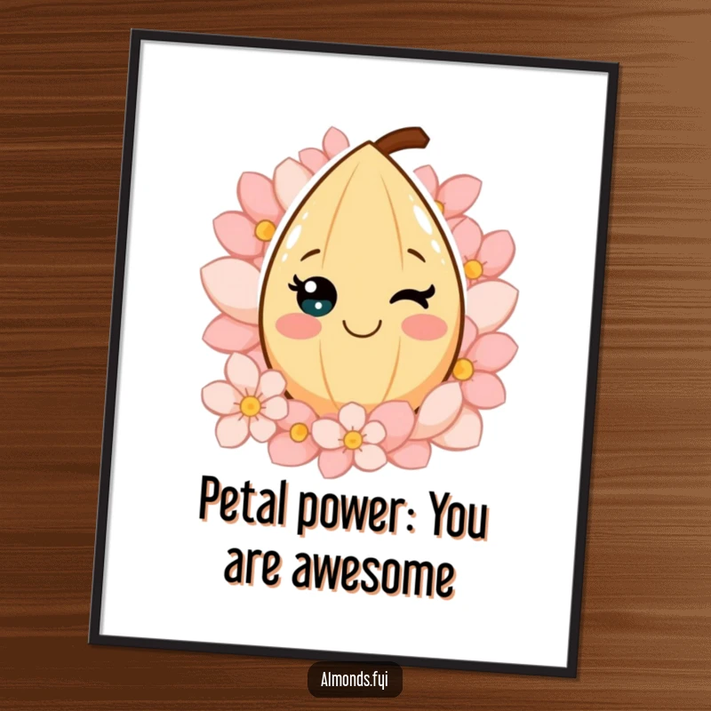 Funny Free Printable Wall Art: Smiling almond character with cheerful petals, creating a serene and happy downloadable atmosphere.
