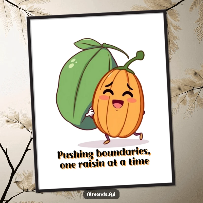 Funny Free Printable Wall Art: Comical almond determinedly pushes a huge, cheerful raisin across a surface.