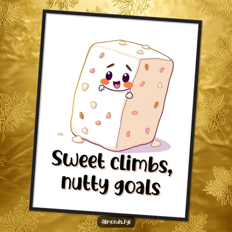 Funny Free Printable Wall Art: Determined almond character vigorously climbing a huge sugar cube, offering downloadable, motivational humor.