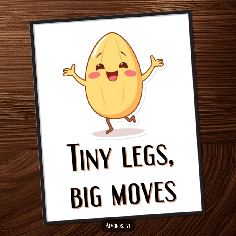 Funny Free Printable Wall Art: A delighted almond character engaged in a hilarious silly dance with its tiny legs.