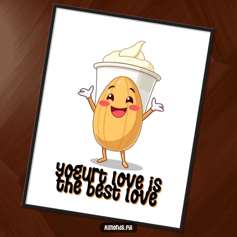 Funny Free Printable Wall Art of a grinning almond embracing a giant yogurt cup, radiating comfort and smiles.