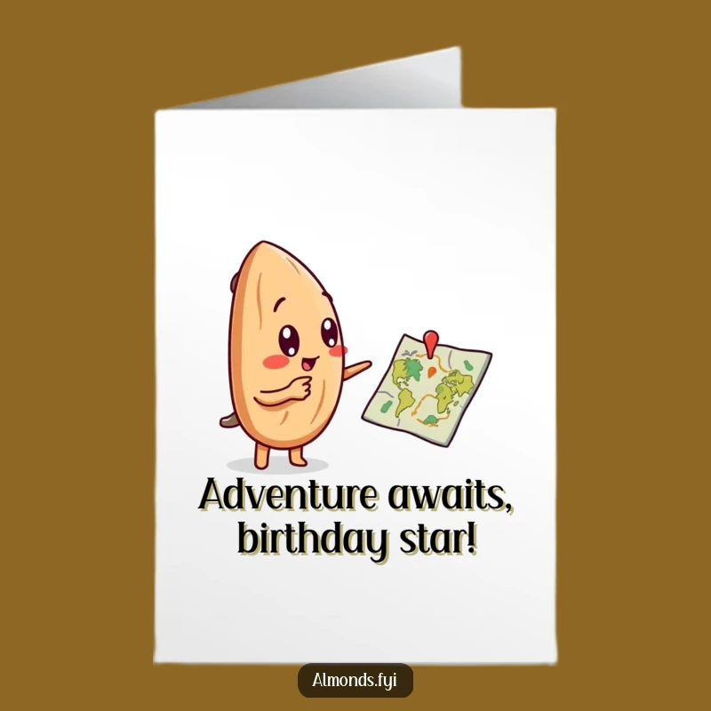 Free Printable Birthday Card: Curious Almond Explorer Map Adventure Funny Downloadable Gift