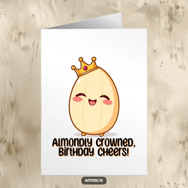 Funny free printable birthday card featuring a giggling almond wearing a tiny, regal crown, looking absolutely delighted.