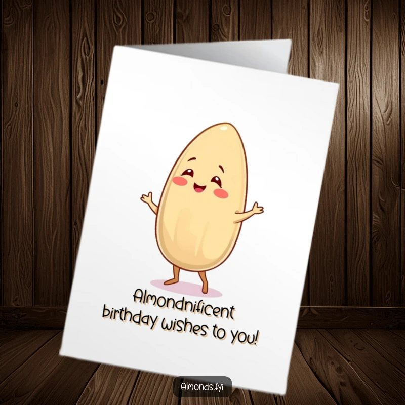Funny Free Printable Birthday Card: a smiling almond character energetically performs a salsa dance, bringing fiesta vibes.