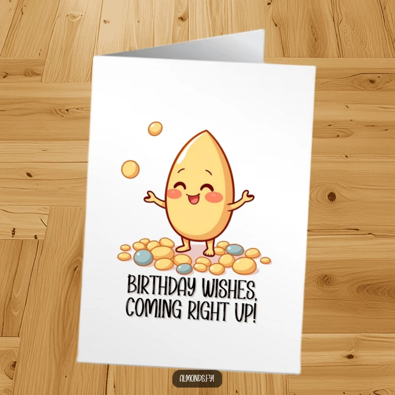 Funny Free Printable Birthday Card showing a giggling almond expertly juggling small pebbles.