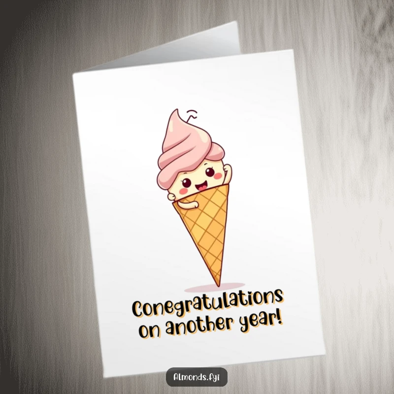 Funny Free Printable Birthday Card showing a determined almond character scaling a massive ice cream cone with birthday wishes.