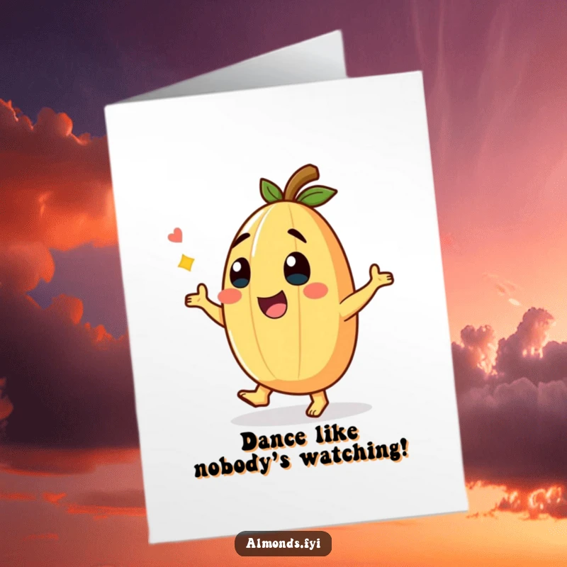 Funny Free Printable Birthday Card featuring a giggling almond character doing a silly dance, full of infectious joy and humor.