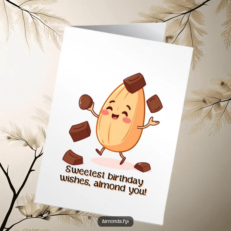 Funny Free Printable Birthday Card: A cheerful almond with tiny legs juggles falling chocolate chips. Sweet celebration!